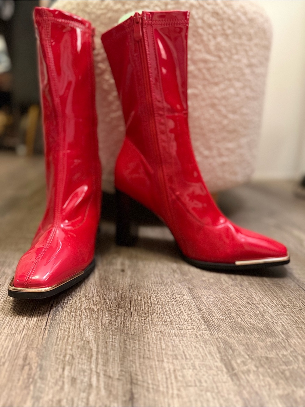 Dream Pairs Red Patent Pointed-Toe Mid-Calf Boots with Metal Toe Accent
